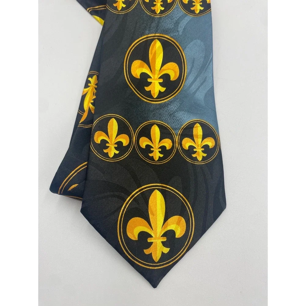 Steven Harris Mens Fleur-de-lis Necktie Black‎ Gold Blue Polyester Hand Made Tie